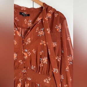 Madewell Georgette Tie-Neck Midi Dress Forest Floral Cord Floral Maple Syrup Sz6